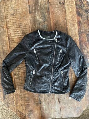 GUESS Black Faux Leather Asymmetric Zip Moto Jacket with Silver Hardware